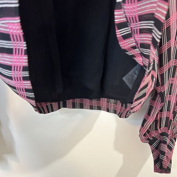 Ganni Blouse Plaid Blouse Top Black Pink Mock Neck Fitted - Size EU 42 US 10/12 - Picture 6 of 15